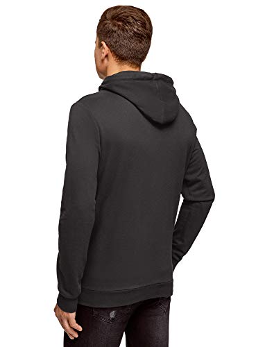 oodji Ultra Hombre Sudadera con Capucha y Mensaje, Negro, ES 46-48 / S