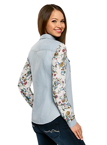 oodji Ultra Mujer Camisa Vaquera Combinada, Azul, ES 38 / S