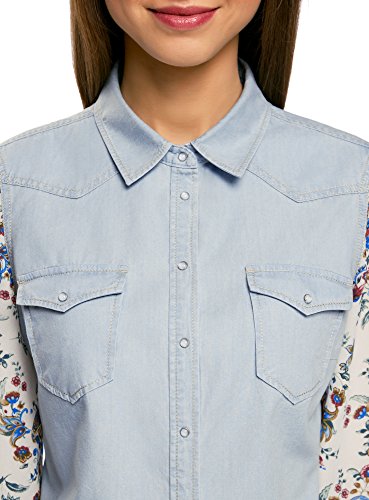 oodji Ultra Mujer Camisa Vaquera Combinada, Azul, ES 38 / S