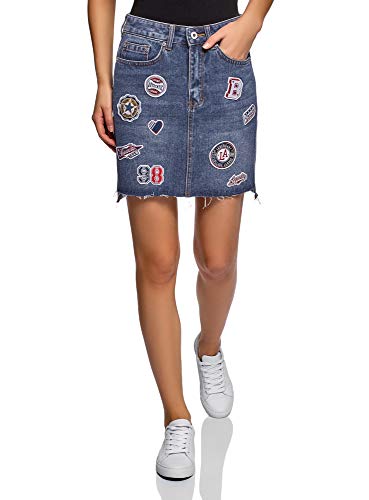 oodji Ultra Mujer Falda-Lápiz Vaquera con Parches y Borde Inferior No Elaborado, Azul, ES 34 / XXS