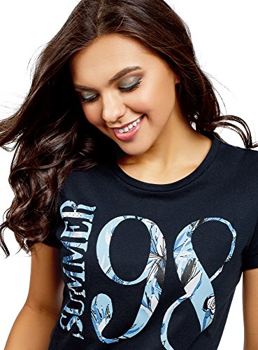 oodji Ultra Mujer Mujer Camiseta de Algodón con Inscripción y Parte Inferior no Elaborada, Azul, ES 36 / XS
