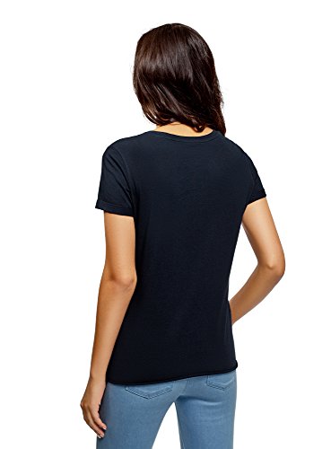 oodji Ultra Mujer Mujer Camiseta de Algodón con Inscripción y Parte Inferior no Elaborada, Azul, ES 36 / XS