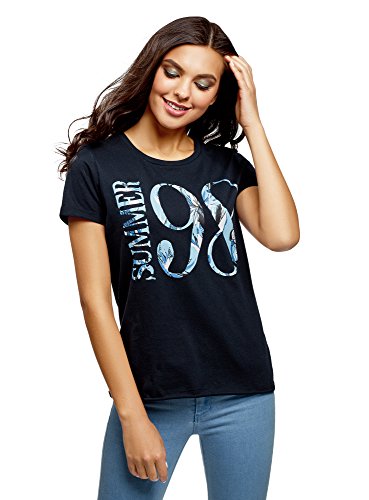 oodji Ultra Mujer Mujer Camiseta de Algodón con Inscripción y Parte Inferior no Elaborada, Azul, ES 36 / XS