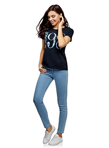 oodji Ultra Mujer Mujer Camiseta de Algodón con Inscripción y Parte Inferior no Elaborada, Azul, ES 36 / XS