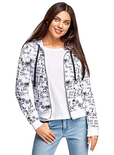 oodji Ultra Mujer Sudadera con Capucha y Bolsillos, Blanco, ES 40 / M