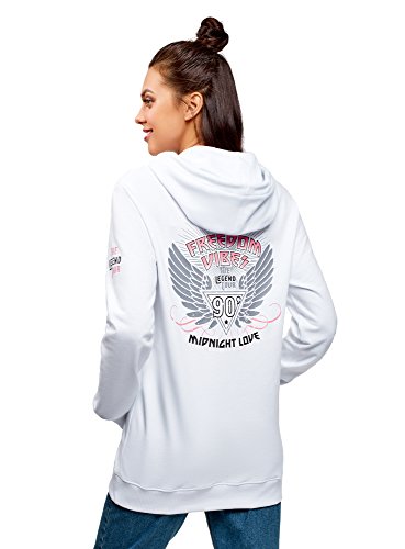oodji Ultra Mujer Sudadera con Capucha y Estampado en la Espalda, Blanco, ES 46 / XXL