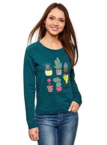 oodji Ultra Mujer Suéter de Algodón con Estampado, Azul, ES 34 / XXS