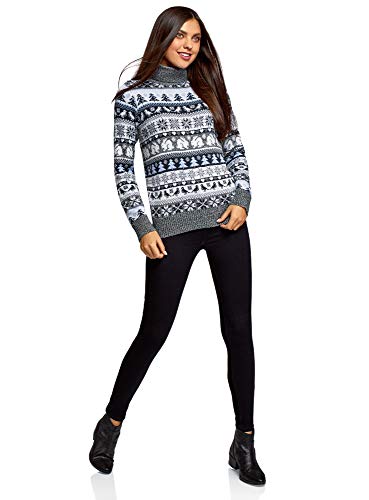 oodji Ultra Mujer Suéter Navideño Recto con Decoración de Invierno, Gris, ES 34 / XXS