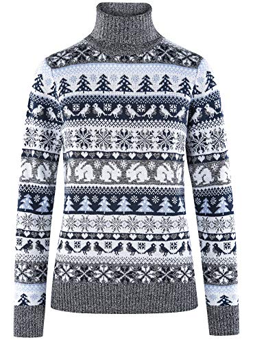 oodji Ultra Mujer Suéter Navideño Recto con Decoración de Invierno, Gris, ES 34 / XXS