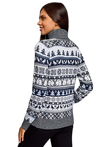 oodji Ultra Mujer Suéter Navideño Recto con Decoración de Invierno, Gris, ES 34 / XXS