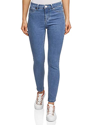 oodji Ultra Mujer Vaqueros Skinny Recortados de Cintura Alta, Azul, 30W / 32L