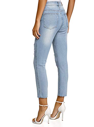 oodji Ultra Mujer Vaqueros Slim con Bordado en los Bolsillos, Azul, 25W / 32L