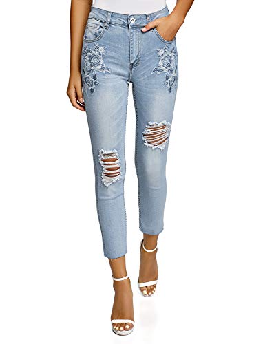 oodji Ultra Mujer Vaqueros Slim con Bordado en los Bolsillos, Azul, 25W / 32L