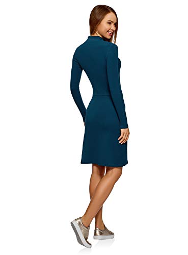 oodji Ultra Mujer Vestido con Cuello Mao y Falda Acampanada, Azul, ES 42 / L