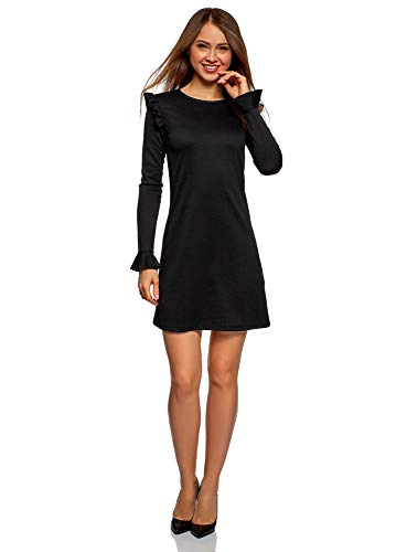 oodji Ultra Mujer Vestido con Volantes y Puños Acampanados, Negro, ES 36 / XS