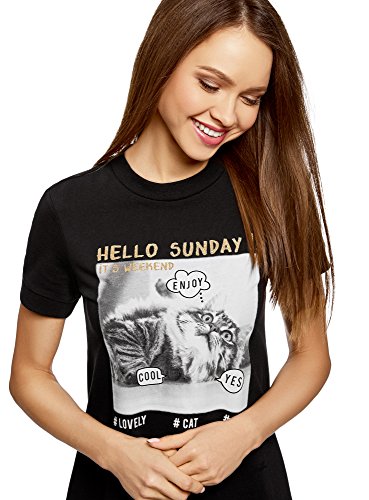 oodji Ultra Mujer Vestido Holgado de Algodón, Negro, ES 36 / XS