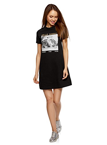 oodji Ultra Mujer Vestido Holgado de Algodón, Negro, ES 36 / XS