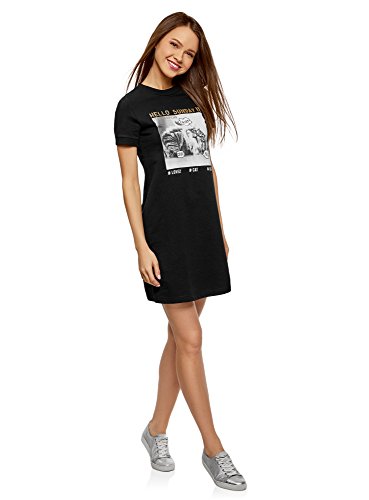 oodji Ultra Mujer Vestido Holgado de Algodón, Negro, ES 36 / XS