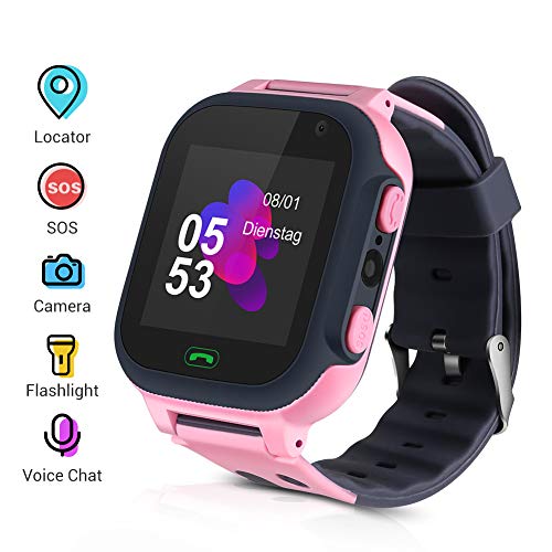 Openuye Niños Smartwatch, Smartwatch Phone con rastreador LBS, SOS, Pantalla táctil LED de 1,44 Pulgadas con cámara, Llamadas SIM, Despertador para niños y niñas, Compatible con iOS y Android(Rosado)