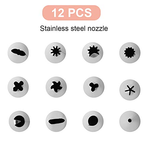 Opopark 12 Boquillas de Acero Inoxidable, 1 Bolso de Pastelería，2 Acopladores Herramienta de Modelado Para Decoración de Pasteles y Accesorios Para Hornear