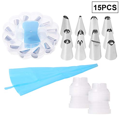 Opopark 12 Boquillas de Acero Inoxidable, 1 Bolso de Pastelería，2 Acopladores Herramienta de Modelado Para Decoración de Pasteles y Accesorios Para Hornear