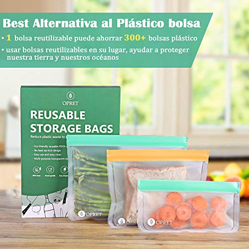Opret Bolsas Alimentos Reutilizables, 10 Bolsas Congelar Reutilizables de 3 Tamaños Eco Envases Reutilizables para Bocadillo, Sandwich, Fruta y Vegetales, Aprobado por la FDA, no BPA