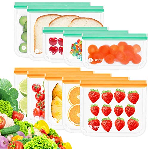 Opret Bolsas Alimentos Reutilizables, 10 Bolsas Congelar Reutilizables de 3 Tamaños Eco Envases Reutilizables para Bocadillo, Sandwich, Fruta y Vegetales, Aprobado por la FDA, no BPA