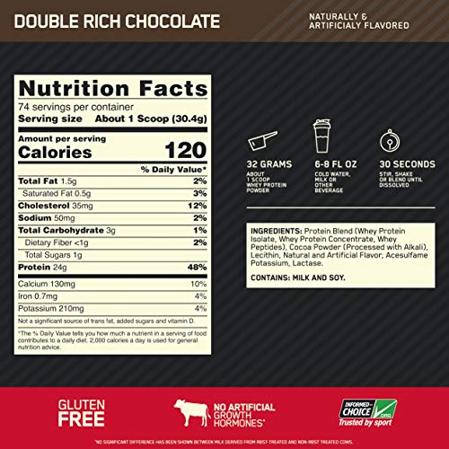 Optimum Nutrition ON Gold Standard 100% Whey Proteína en Polvo Suplementos Deportivos, Glutamina y Aminoacidos, BCAA, Double Rich Chocolate, 73 Porciones, 2.26kg, Embalaje Puede Variar