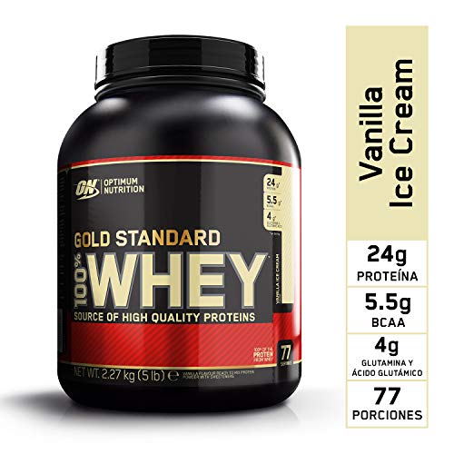 Optimum Nutrition ON Gold Standard 100% Whey Proteína en Polvo Suplementos Deportivos, Glutamina y Aminoacidos, BCAA, Helado de Vainilla, 76 Porciones, 2.28 kg, Embalaje Puede Variar