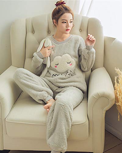ORANDESIGNE Mujer Otoño Invierno Pijama de Dos Piezas Pijamas de Franela Suave Cálida Ropa de Dormir Pijamas de Manga Larga Gris Nube ES 38