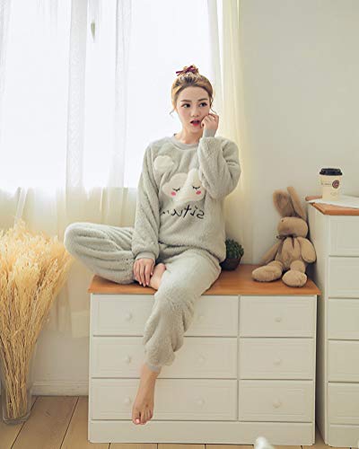 ORANDESIGNE Mujer Otoño Invierno Pijama de Dos Piezas Pijamas de Franela Suave Cálida Ropa de Dormir Pijamas de Manga Larga Gris Nube ES 38