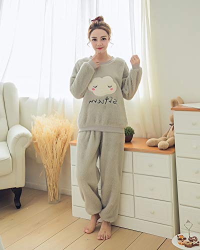 ORANDESIGNE Mujer Otoño Invierno Pijama de Dos Piezas Pijamas de Franela Suave Cálida Ropa de Dormir Pijamas de Manga Larga Gris Nube ES 38