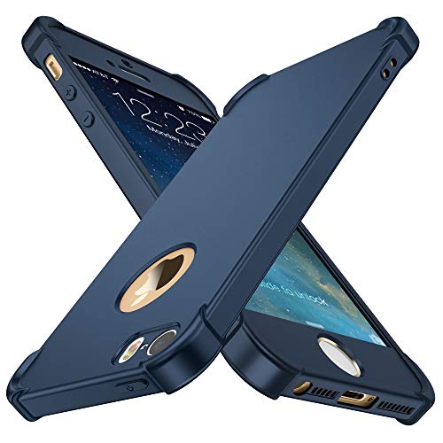 ORETECH Funda iPhone SE 2016/5S/5 Case, con [ 2 x Protector de Pantalla de Vidrio Templado] 360 Carcasa iPhone SE/5/5S Silicona Ligera Delgado PC TPU Bumper Rubber Caso iPhone SE 2016 Azul Profundo