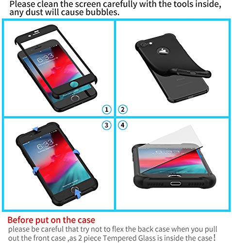 ORETECH Funda iPhone SE 2020, Carcasa iPhone SE 2020 con [ 2 x Protector de Pantalla de Vidrio Templado] 360° Funda Silicona Ligera Delgado PC TPU Bumper Rubber Caso iPhone SE 2020 4.7''- Negro