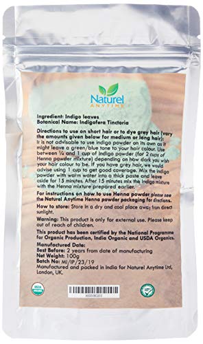 Organic (USDA, GMP) Indigo powder (used with Henna, healthier, softer hair (Recipe provided )) for temp tattoos and eyebrows, CPSReports certified in UK/EU