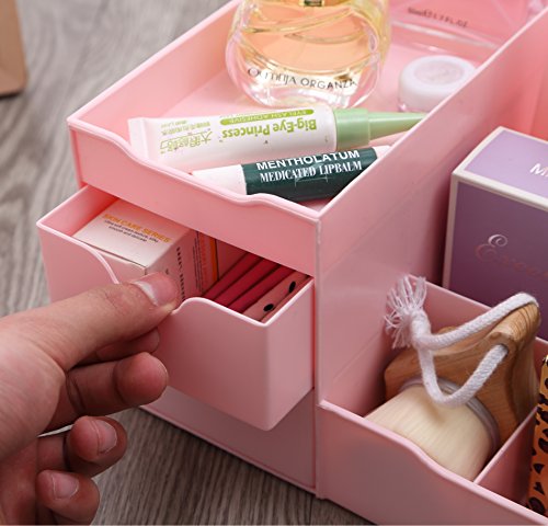 Organizador de maquillaje con cajones con diseños despejados - Elegante almacenamiento de encimera para cosméticos - Elegante soporte de tocador para pinceles, sombras de ojos, lociones, lápiz labial, esmalte de uñas y joyas (Rosa)
