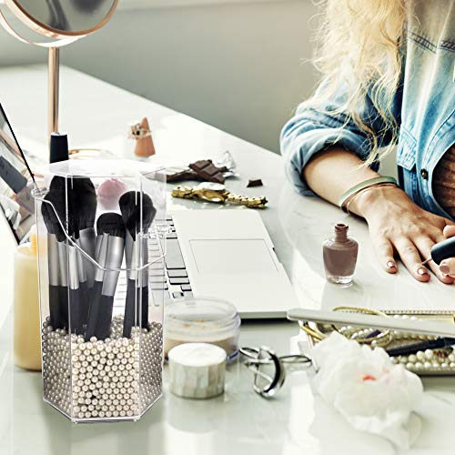 Organizador de maquillaje, organizador de brochas de maquillaje acrílico con un paquete de perlas de almacenamiento de brochas de maquillaje con tapa para cuarto de baño dormitorio (perla blanca)