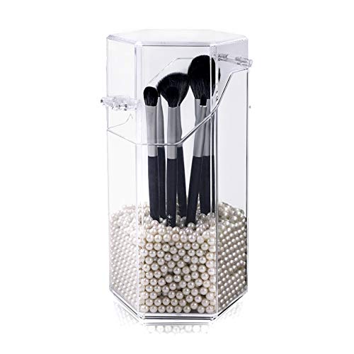 Organizador de maquillaje, organizador de brochas de maquillaje acrílico con un paquete de perlas de almacenamiento de brochas de maquillaje con tapa para cuarto de baño dormitorio (perla blanca)