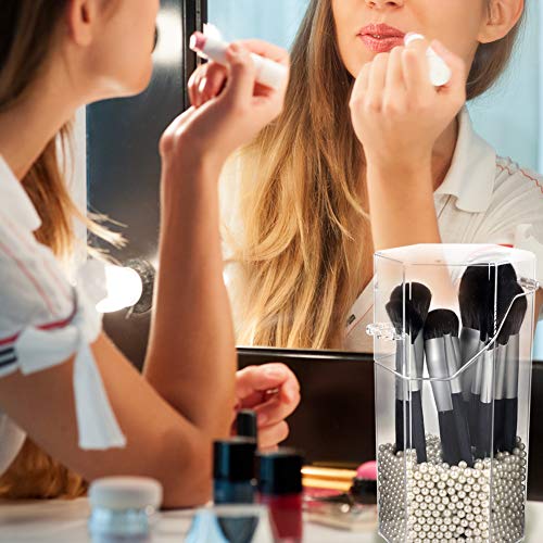 Organizador de maquillaje, organizador de brochas de maquillaje acrílico con un paquete de perlas de almacenamiento de brochas de maquillaje con tapa para cuarto de baño dormitorio (perla blanca)
