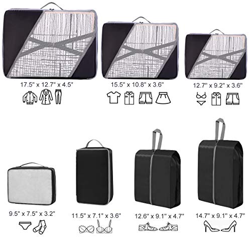 Organizador Maleta Viaje, 7 Set de Organizador de Equipaje, Faxsthy Organizador de Maleta con 2 Bolsas de Zapatos de Varios Tamaños (Negro)