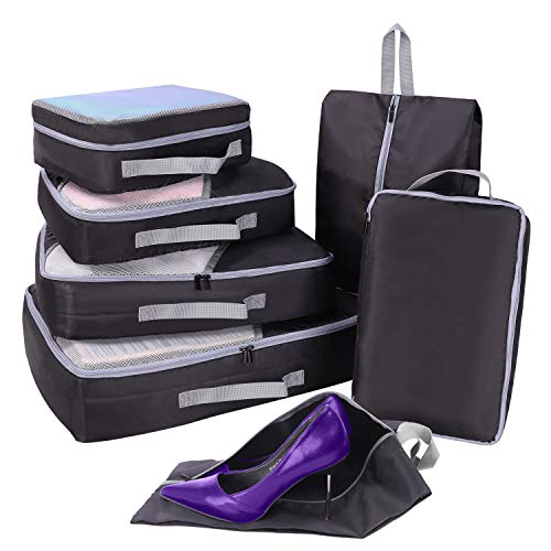 Organizador Maleta Viaje, 7 Set de Organizador de Equipaje, Faxsthy Organizador de Maleta con 2 Bolsas de Zapatos de Varios Tamaños (Negro)