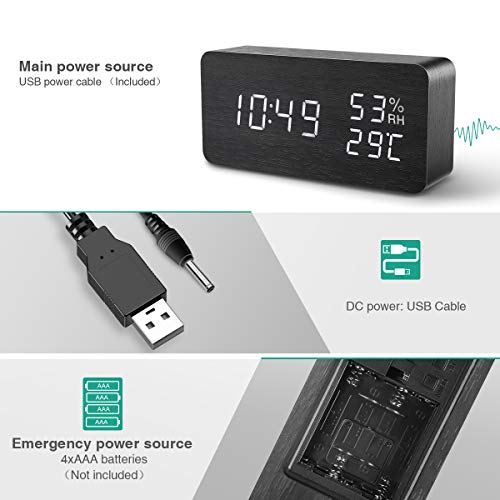 ORIA Reloj Digital Despertador de Madera, Digital Alarma Despertador con Tiempo Fecha y Año, Temperatura Humedad, 3 Grupos de Hora de Alarma, Control de Sonido y LED Brillo de Pantalla de 3 Niveles