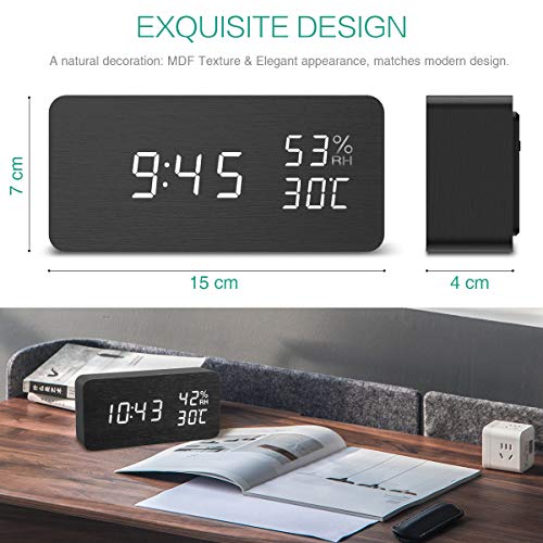 ORIA Reloj Digital Despertador de Madera, Digital Alarma Despertador con Tiempo Fecha y Año, Temperatura Humedad, 3 Grupos de Hora de Alarma, Control de Sonido y LED Brillo de Pantalla de 3 Niveles