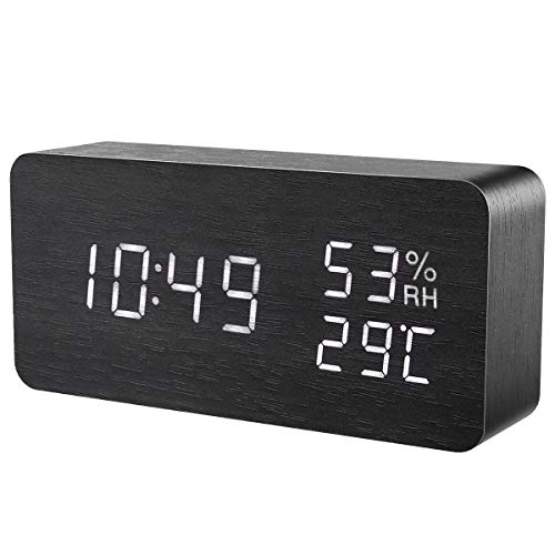 ORIA Reloj Digital Despertador de Madera, Digital Alarma Despertador con Tiempo Fecha y Año, Temperatura Humedad, 3 Grupos de Hora de Alarma, Control de Sonido y LED Brillo de Pantalla de 3 Niveles