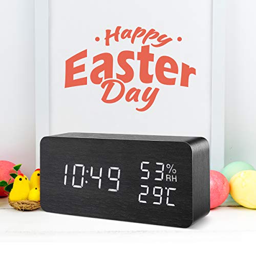 ORIA Reloj Digital Despertador de Madera, Digital Alarma Despertador con Tiempo Fecha y Año, Temperatura Humedad, 3 Grupos de Hora de Alarma, Control de Sonido y LED Brillo de Pantalla de 3 Niveles