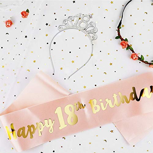 Oro Rosa Feliz 18 cumpleaños Faja Banda de satén cumpleaños Sash y 18 Diadema Tiara para niña Mujer 18 Años cumpleaños Fiesta de Decoración Accesorios Regalo
