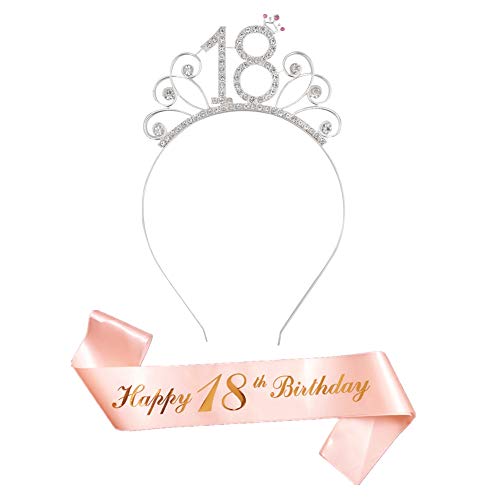 Oro Rosa Feliz 18 cumpleaños Faja Banda de satén cumpleaños Sash y 18 Diadema Tiara para niña Mujer 18 Años cumpleaños Fiesta de Decoración Accesorios Regalo