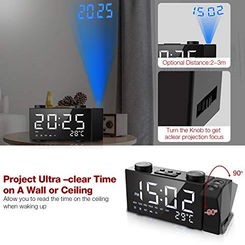ORSERA Despertador Proyector,Radio Reloj FM, 6 '' LED Pantalla Grande,Proyector Giratorio de 180°,Dobles Alarmas,con Puerto de Carga USB,12/24 Horas,Temperatura,Humedad hogar,Cocina,Dormitorio