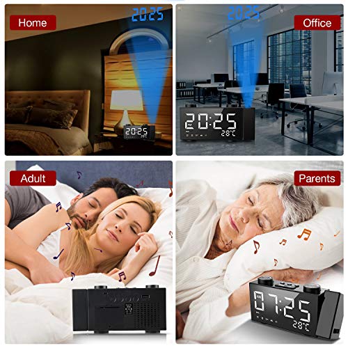 ORSERA Despertador Proyector,Radio Reloj FM, 6 '' LED Pantalla Grande,Proyector Giratorio de 180°,Dobles Alarmas,con Puerto de Carga USB,12/24 Horas,Temperatura,Humedad hogar,Cocina,Dormitorio