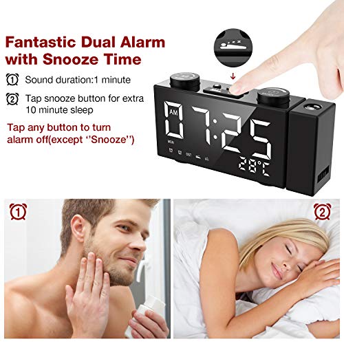 ORSERA Despertador Proyector,Radio Reloj FM, 6 '' LED Pantalla Grande,Proyector Giratorio de 180°,Dobles Alarmas,con Puerto de Carga USB,12/24 Horas,Temperatura,Humedad hogar,Cocina,Dormitorio